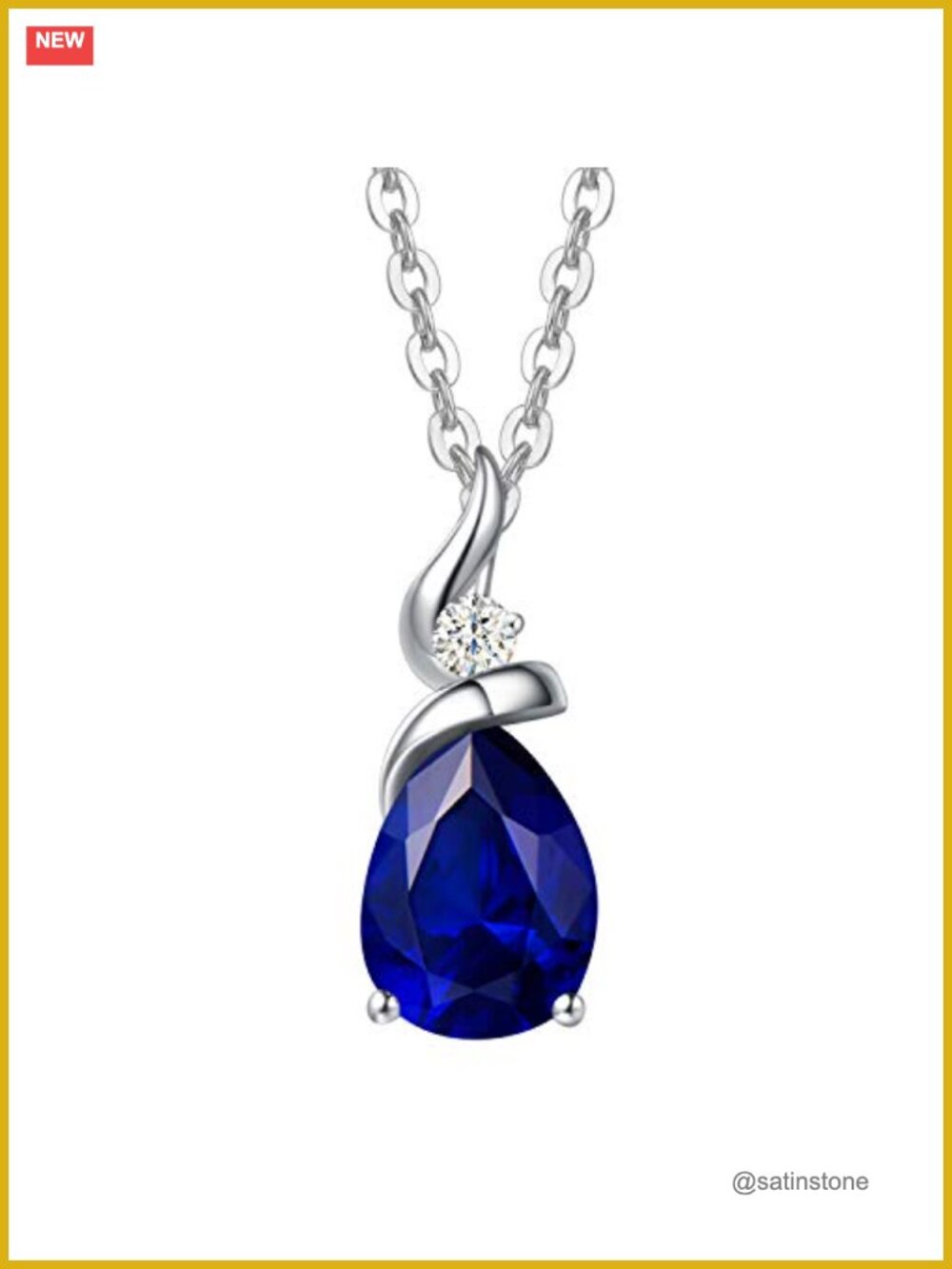 14K Solid White Gold Teardrop Pendant Necklace with Lab Diamond Sterling Silver
